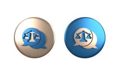 Colorful Scales of justice icon isolated on white background. Court of law symbol. Balance scale sign. Circle button. 3D render illustration