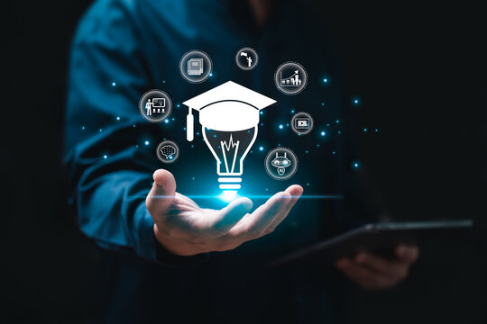 Soft skills,  HR Skill development and training concept, Businessman with icons of soft skills in hand, AI training, Emotional intelligence, Human development resources, Business performance