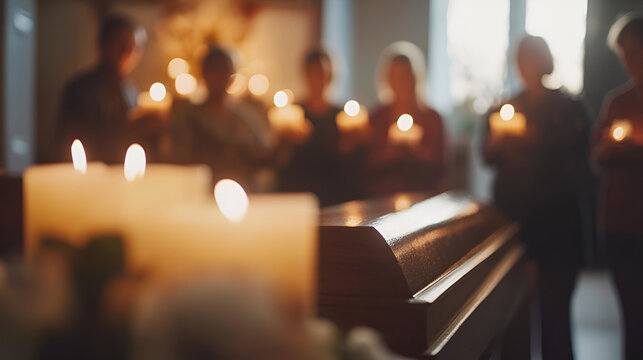 Casket in a dimly lit church with soft candlelight and blurred mourners in the background, capturing the solemnity of a funeral service
