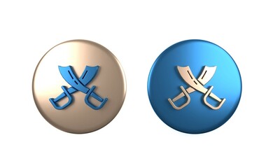 Colorful Crossed pirate swords icon isolated on white background. Sabre sign. Circle button. 3D render illustration