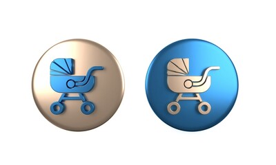 Colorful Baby stroller icon isolated on white background. Baby carriage, buggy, pram, stroller, wheel. Circle button. 3D render illustration