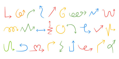 Colorful Arrows set simple hand drawn vector illustration, free form curved, straight signs pointing different directions on white  background