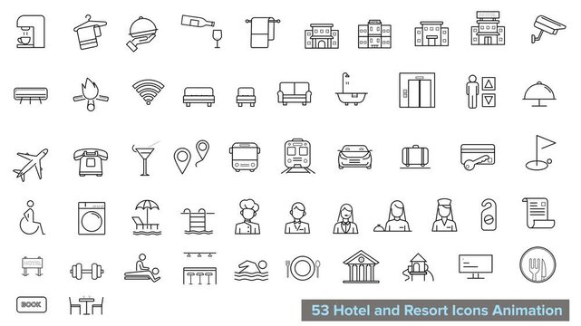 Hotel and Resort Icons Animation, Hotel line animation library. Animated amenities icons. Hotel room service. Accommodation reservation. Motion graphic