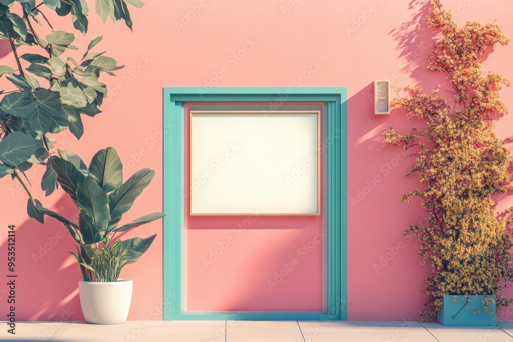 Wall mural building with a door and a white sign on the door