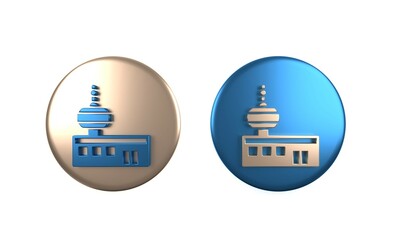 Colorful Airport control tower icon isolated on white background. Circle button. 3D render illustration