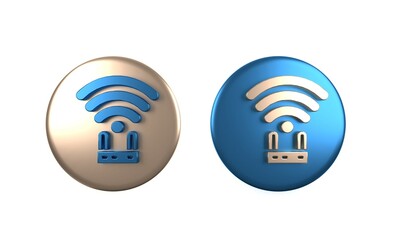 Colorful Router and wi-fi signal icon isolated on white background. Wireless ethernet modem router. Computer technology internet. Circle button. 3D render illustration