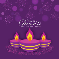 Happy Diwali with Diya candles fireworks. Diwali Festival of India celebration