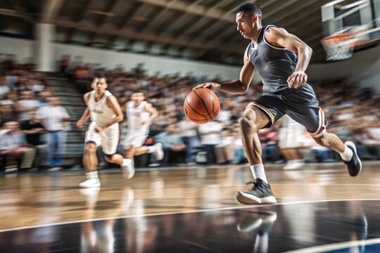 Basketball Action - Player Dribbling in Fast-Paced Game. A dynamic image capturing the speed and intensity of a basketball game. 