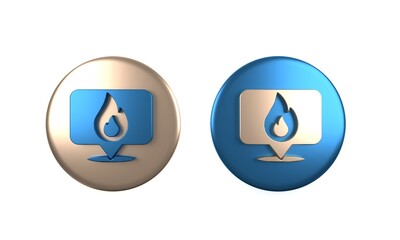 Colorful Map pointer with fire flame icon isolated on white background. Fire nearby. Circle button. 3D render illustration