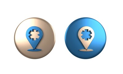 Colorful Medical map pointer with cross hospital icon isolated on white background. Circle button. 3D render illustration