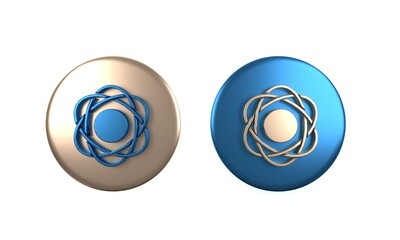 Colorful Atom icon isolated on white background. Symbol of science, education, nuclear physics, scientific research. Circle button. 3D render illustration