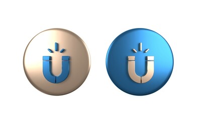 Obraz premium Colorful Magnet icon isolated on white background. Horseshoe magnet, magnetism, magnetize, attraction. Circle button. 3D render illustration