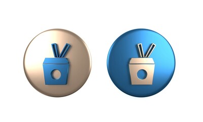 Colorful Asian noodles in paper box and chopsticks icon isolated on white background. Street fast food. Korean, Japanese, Chinese food. Circle button. 3D render illustration