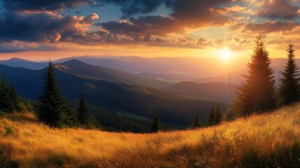 Fototapeta premium Golden Sunset Over Majestic Mountain Range