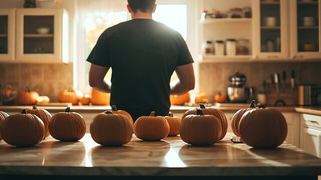man is positioned in kitchen, standing behind a group of pumpkins, ready to carve them into Jack O' Lanterns for Halloween, surrounded by tools and a warm, cozy atmosphere that reflects the fun and tr