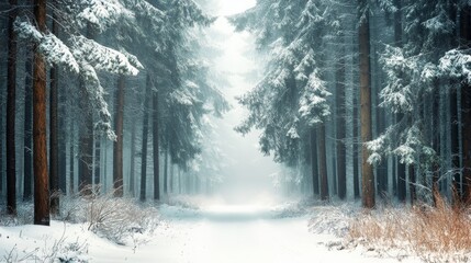 A serene winter forest scene with tall pine trees dusted with snow