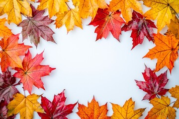Fototapeta premium Autumn Maple Leaves Flat Lay White Background created with Generative AI