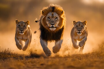 Lion Pride Running Through Savanna Grassland at Sunset