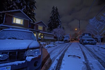 Snow Covered Cars Line a Residential Street in the Dead of Night under Blue Streetlight