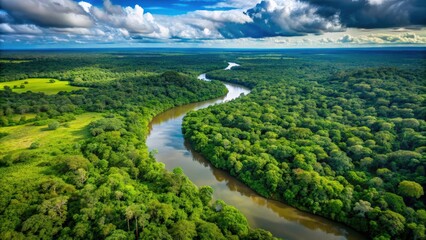 Aerial view of lush Amazonas jungle landscape with winding river , Amazon rainforest