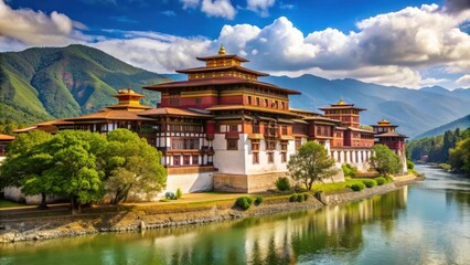 Naklejka premium Majestic Punakha Dzong overlooking the serene Mo Chhu river, Bhutan, Punakha Dzong, Mo Chhu river, temple, fortress