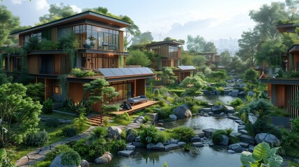 Modern smart home with sustainable green energy solutions, featuring solar panels and eco-friendly architecture.