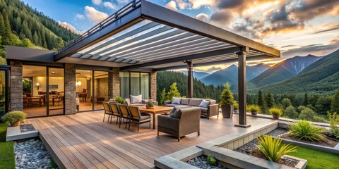 Fototapeta premium Modern pergola and sunroom on mountain house patio , modern, pergola, sunroom, mountain house, patio, outdoor living