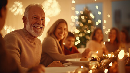 A cozy living room decorated for Christmas with a beautifully lit tree, stockings hanging by the fireplace, and a diverse family exchanging gifts in a warm, joyful atmosphere.