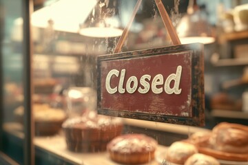 A closed sign hangs on a window of a bakery