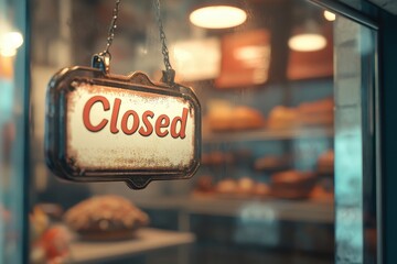 A closed sign hangs on a window of a bakery