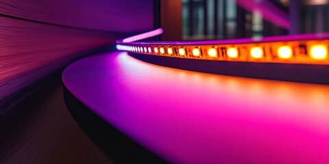 LED strip lights illuminate a curved surface.