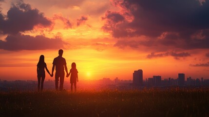 Fototapeta premium Family united at sunset, silhouetted against a glowing sky with a distant cityscape, symbolizing love and togetherness.