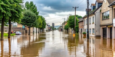 Street flooded after heavy rain , flood, town, water, weather, urban, disaster, rainy day