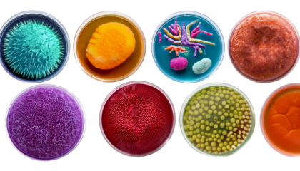 Collection of dengue virus, E-Coli, COVID, Plasmodium, Tuberclosis microbes isolated on transparent background.