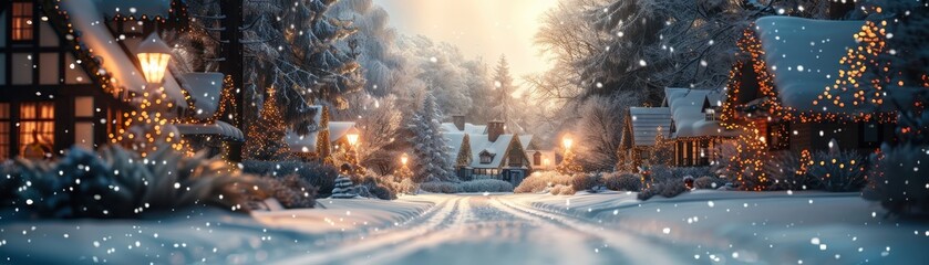 Enchanting winter scene featuring snow-covered cottages, glowing lights, and serene atmosphere, perfect for holiday inspiration.