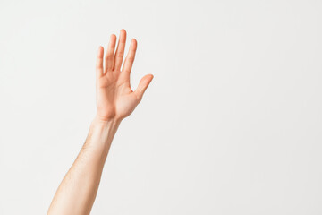 A raised hand against a minimalistic background, symbolizing greeting, acknowledgment, or a desire to be noticed.