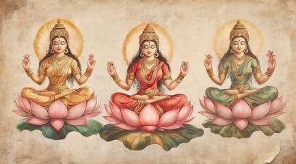 Three Hindu Goddesses Lakshmi, Saraswati, Parvati Sitting on Lotus Flowers