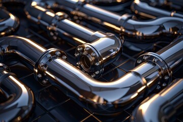 Naklejka premium Modern Piping System Polished Metal, Intricate Industrial Infrastructure and Engineering Detail