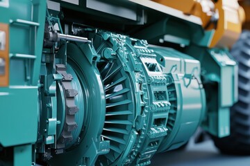 Obraz premium A blue and orange engine with a lot of gears and bolts
