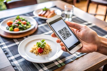 Contactless Menu Ordering with QR Code on Smartphone at Restaurant. A person's hand holds a smartphone displaying a QR code at a restaurant table. 