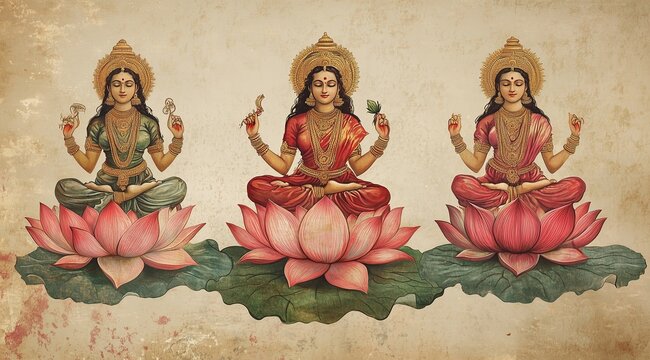 Lakshmi saraswati parvati with seated lotus flowers symbolizing wealth wisdom hindu goddess divine tridevi Indian culture spiritual religion pooja