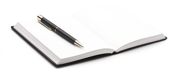A sleek black pen rests on a clean, open notebook, symbolizing creativity and the art of writing. Perfect for office or school settings.