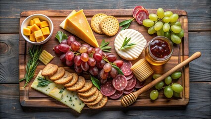 Cheese and Charcuterie Board with Brie, Honey, Grapes and Crackers on Wooden Serving Board, cheese, charcuterie, board, brie
