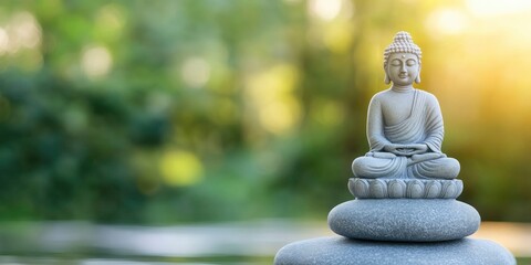 Buddha statue perched atop a rock in an impeccably lush bamboo jungle with a silky water surface