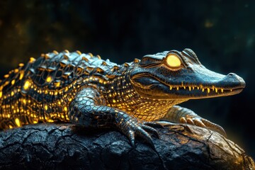 Fototapeta premium A blue and red crocodile is laying on the water