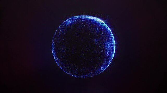 Abstract digital energy shiny sphere of moving particles. Blue orb ball round core made of glowing bright magic electric electrons. Small futuristic particle flying dots on dark background