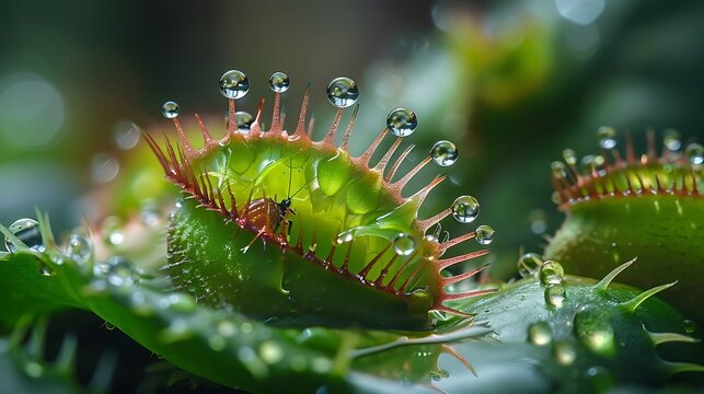 A Venus flytrap in action, capturing an insect in its spiky, jaw-like leaves. The carnivorous plant&rsquo;s vivid green color contrasts with the dark, glossy surface of the trapped insect, highlighting 