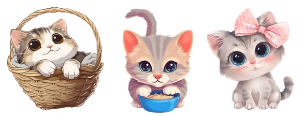 Cute Cat Set Cartoon Sticker, Kawaii Sticker, Transparent Background