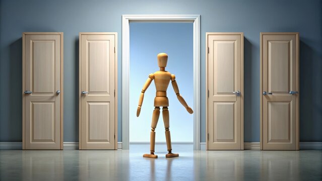 Puppet faced with a difficult decision between three open doors , concept, choice, decision, dilemma, puppet