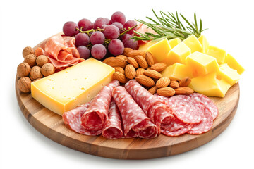 A vibrant charcuterie board featuring assorted meats, cheeses, nuts, and fruits, perfect for entertaining or casual gatherings.